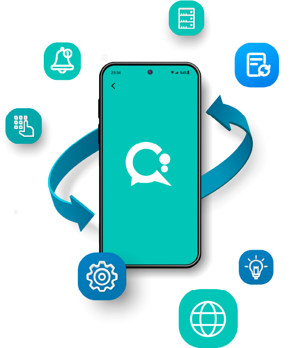 imagen teléfono flotando con el logo de connect y apps alrededor
